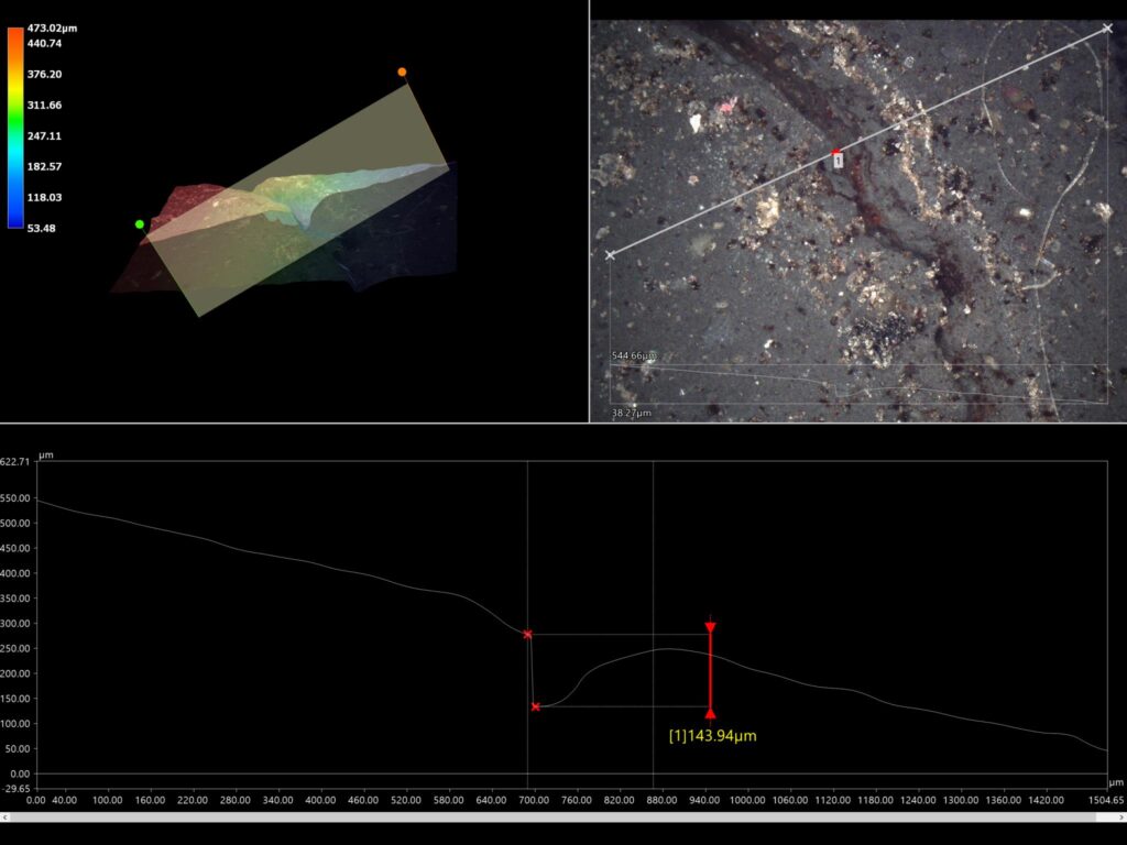 3D profile showing the section of a crack that propagated on a paper machine roll cover